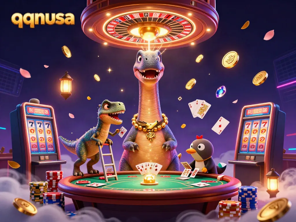 A cartoon-themed casino scene depicting a brontosaurus and raptor engaging with cards while golden coins scatter, showcasing qqnusa.