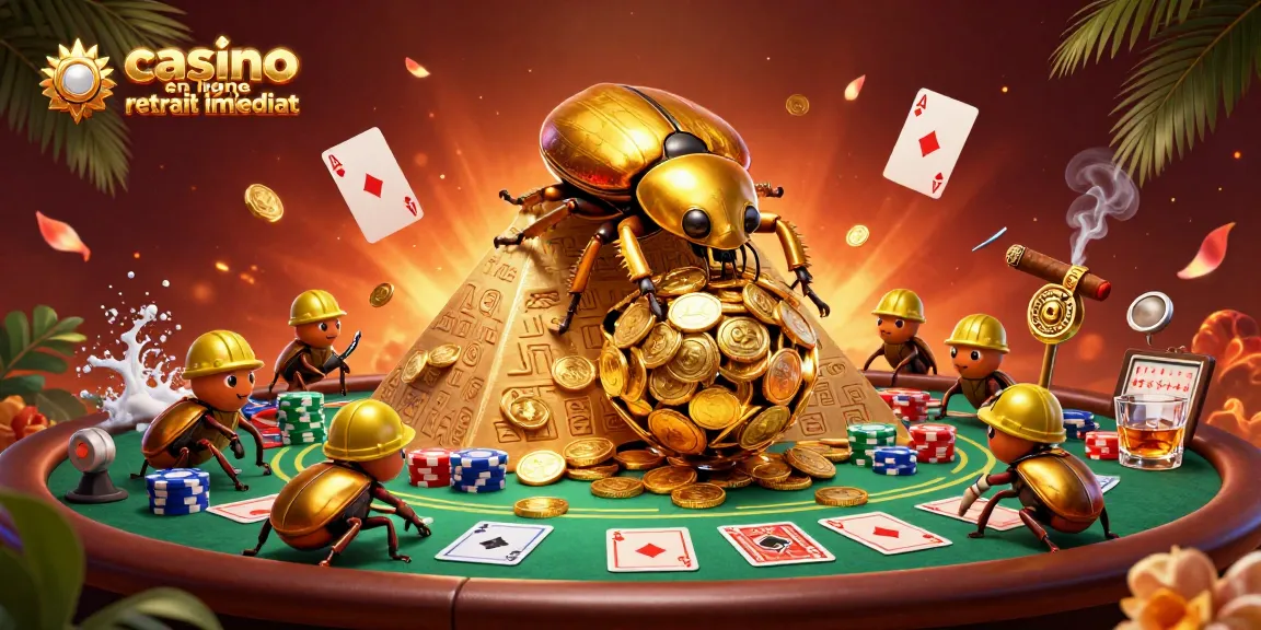 Profitez du casino en ligne retrait immédiat avec un coléoptère doré et des pièces au centre de l'image.