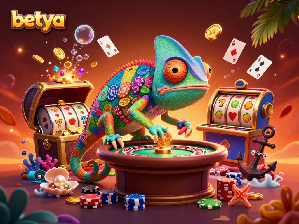 Betya's vibrant casino scene showcases a colorful chameleon and treasures, engaging players in the game atmosphere.