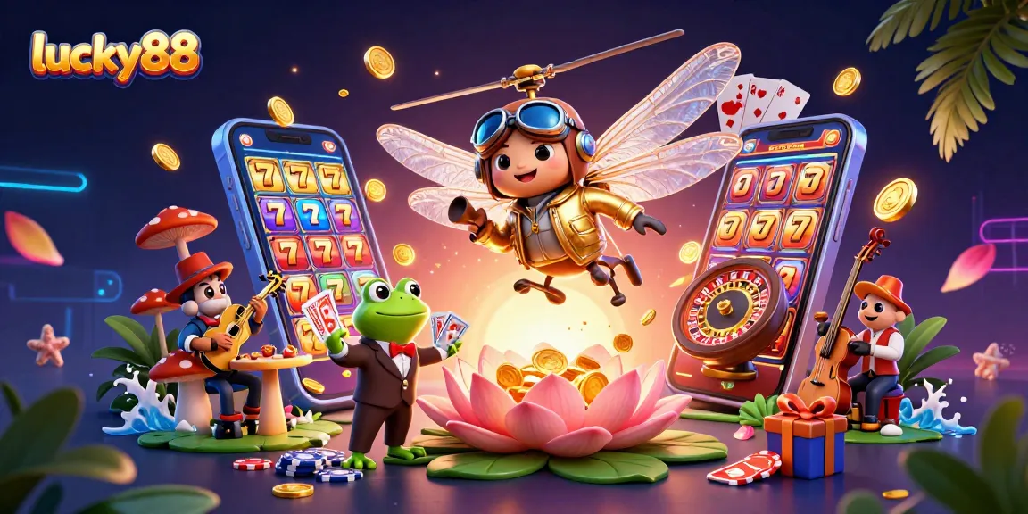 Experience thrilling wins with lucky88 in this vibrant casino scene featuring cartoon characters.