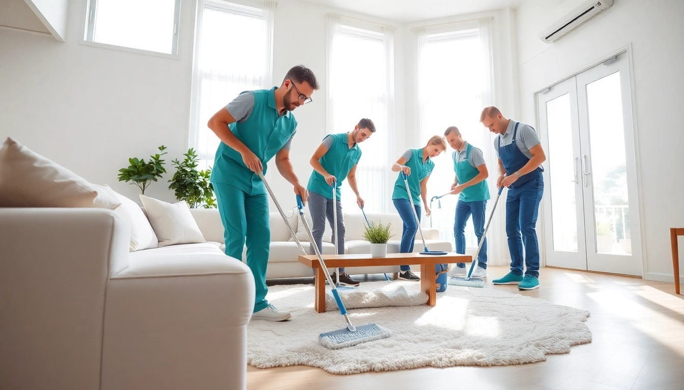 Bond cleaning professionals diligently working in a bright living room to ensure cleanliness.