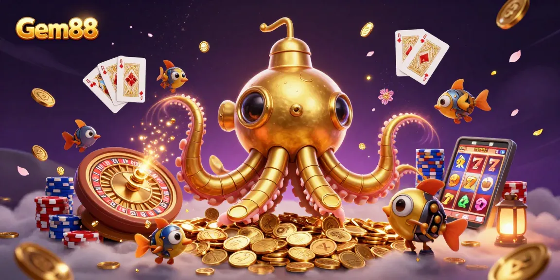 Engage in thrilling gameplay with Gem88 featuring a golden kraken submarine and a dynamic casino scene.