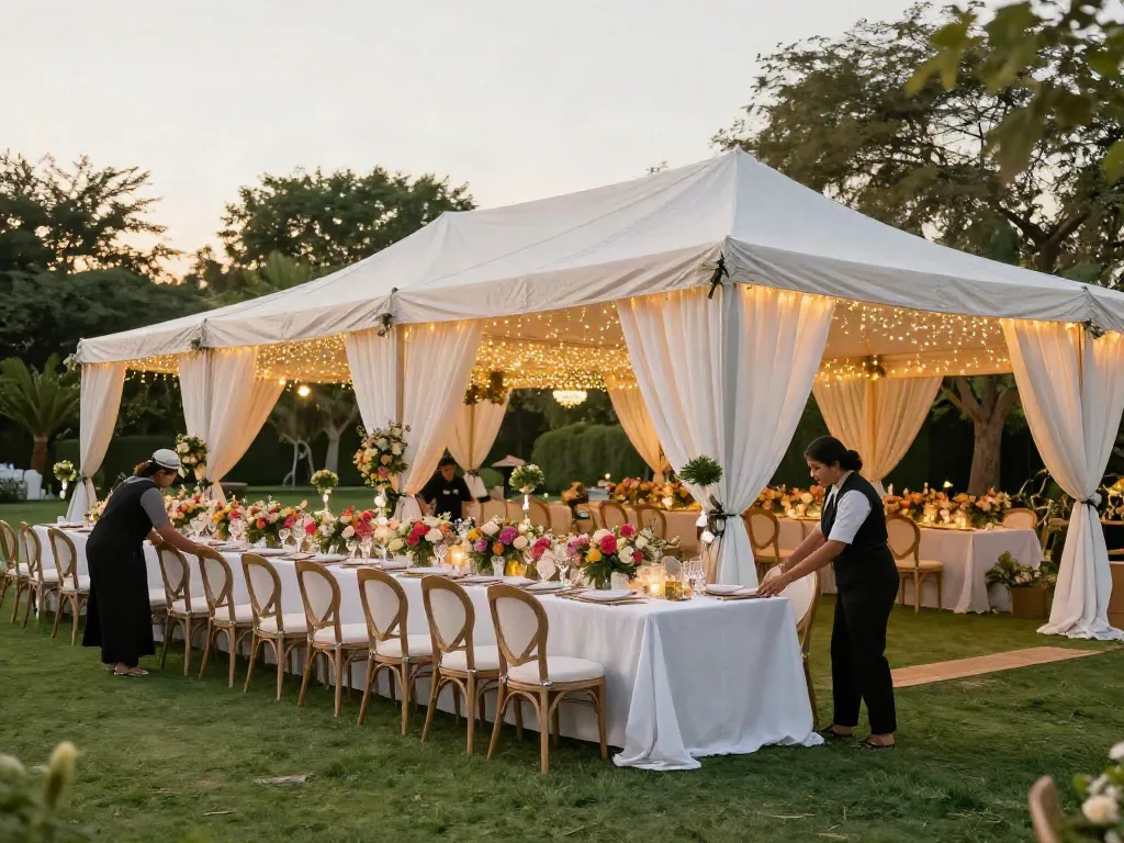 Outdoor wedding setup for event rental KSA featuring a luxurious marquee and elegant décor