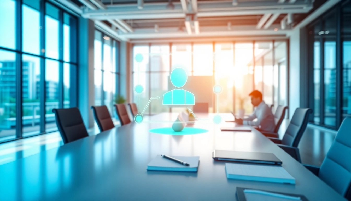 AI that handles meeting follow ups through a futuristic hologram in a modern conference room.