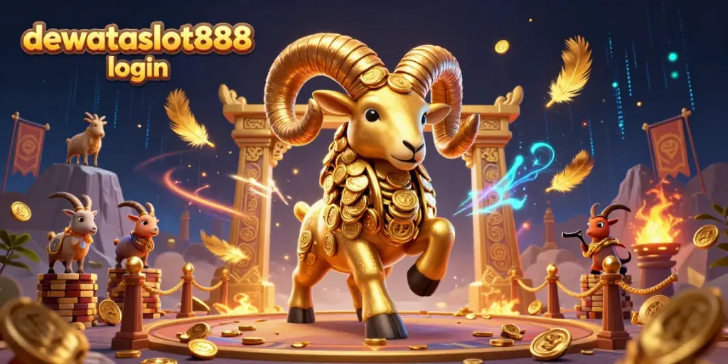 Permainan menarik di dewataslot888 login dengan ilustrasi domba emas berperang di arena casino.