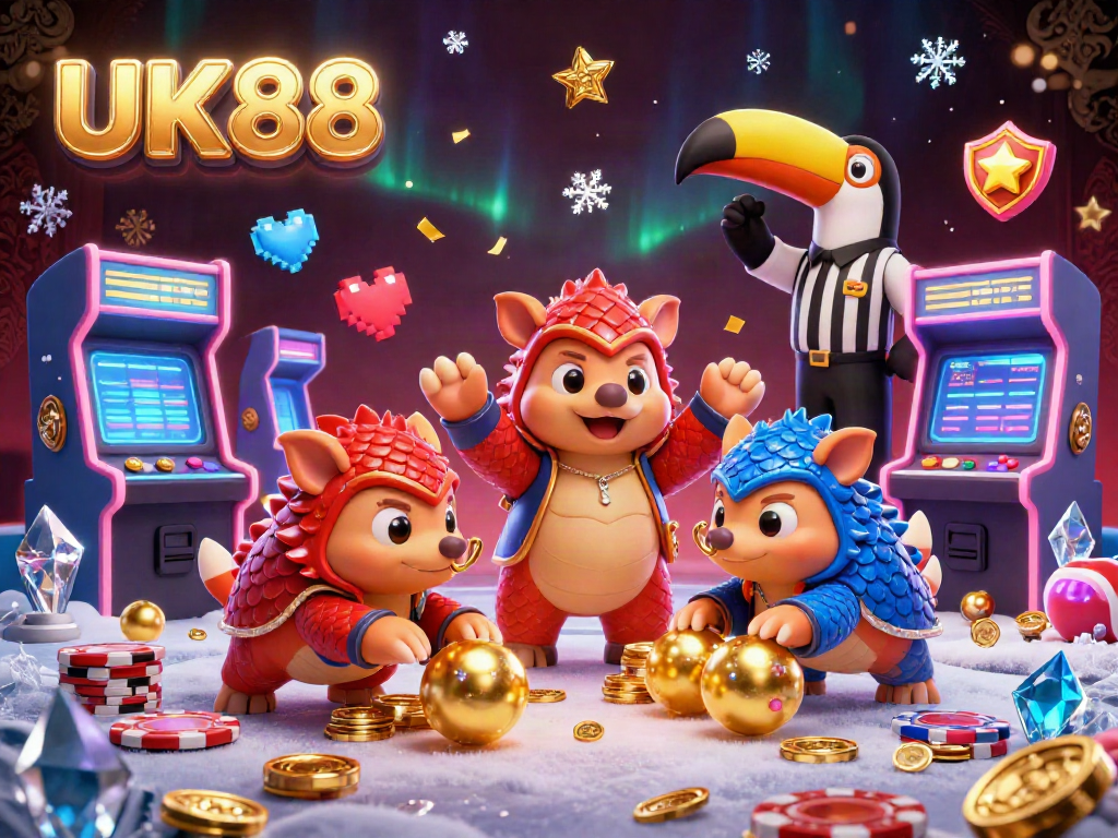 Experience the excitement of UK88 with rival pangolins competing in a vibrant casino arcade gaming scene, showcasing dynamic action.