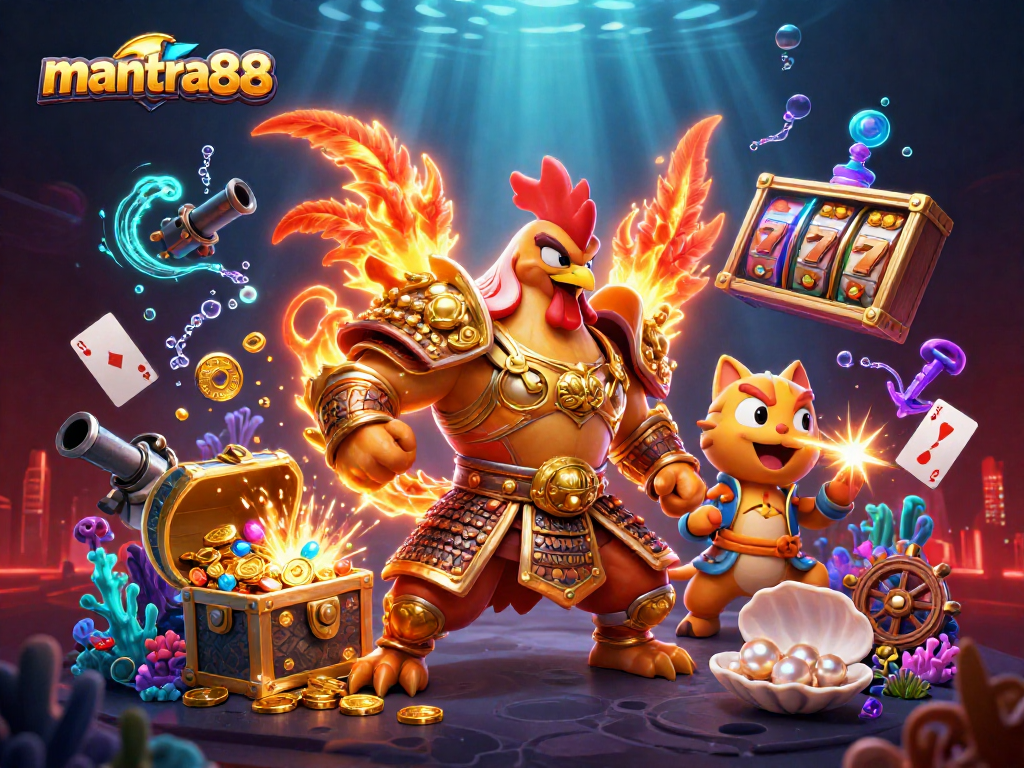 Experience exhilarating gameplay at mantra88 with a fierce fighting rooster and golden-themed elements.