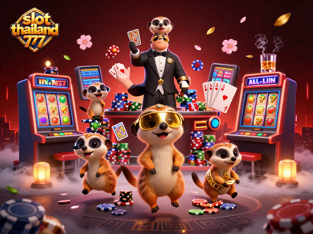 Engage with slot thailand 777 in a vibrant casino scene featuring meerkats managing gaming action.