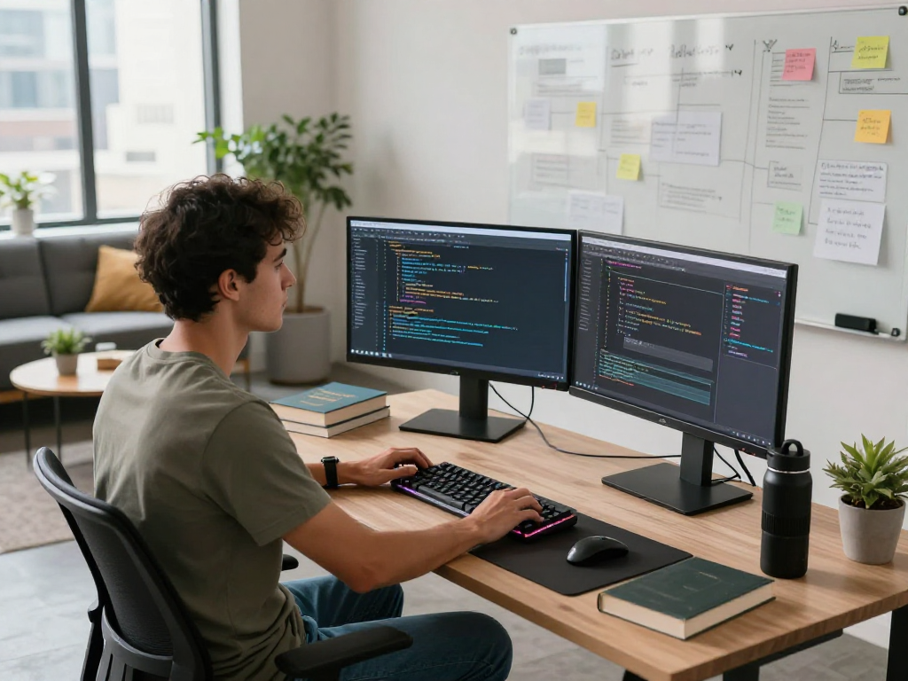 Dynamic workspace with a developer coding on multiple screens, showcasing net88 com software solutions in a vibrant tech environment.