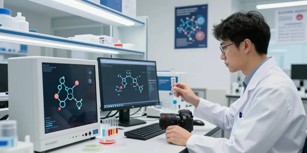 Researcher analyzing SwissChem peptides in a modern lab environment.