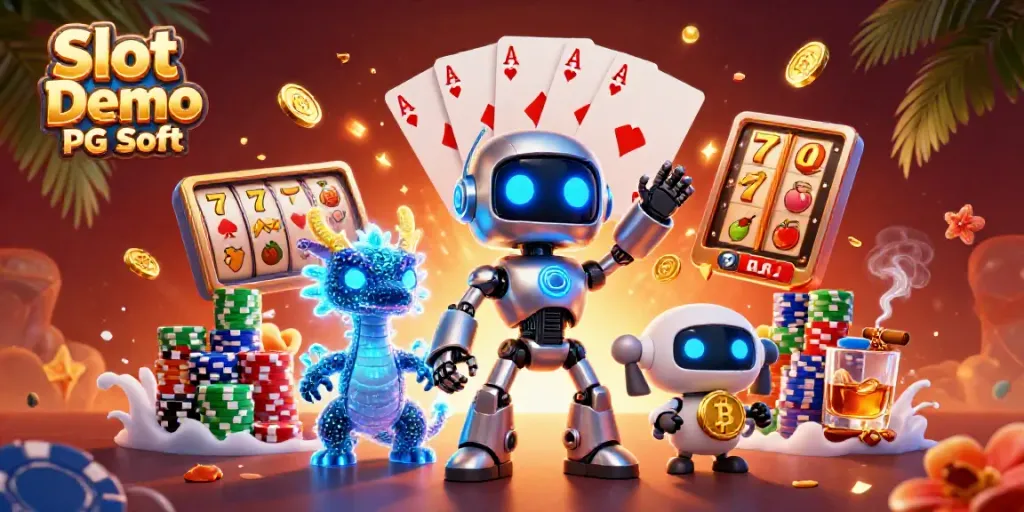 Experience Slot Demo PG Soft with engaging visuals of 3D characters, slot reels, and vibrant casino elements.