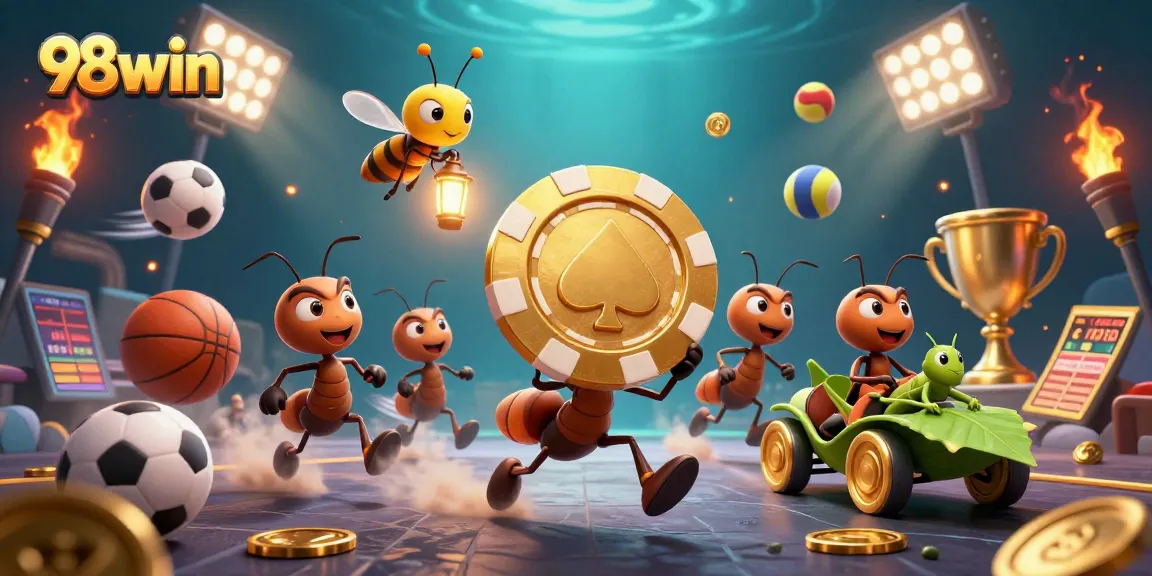 Join the excitement of 98win as cartoon ants carry a giant poker chip in a vibrant 3D casino scene.