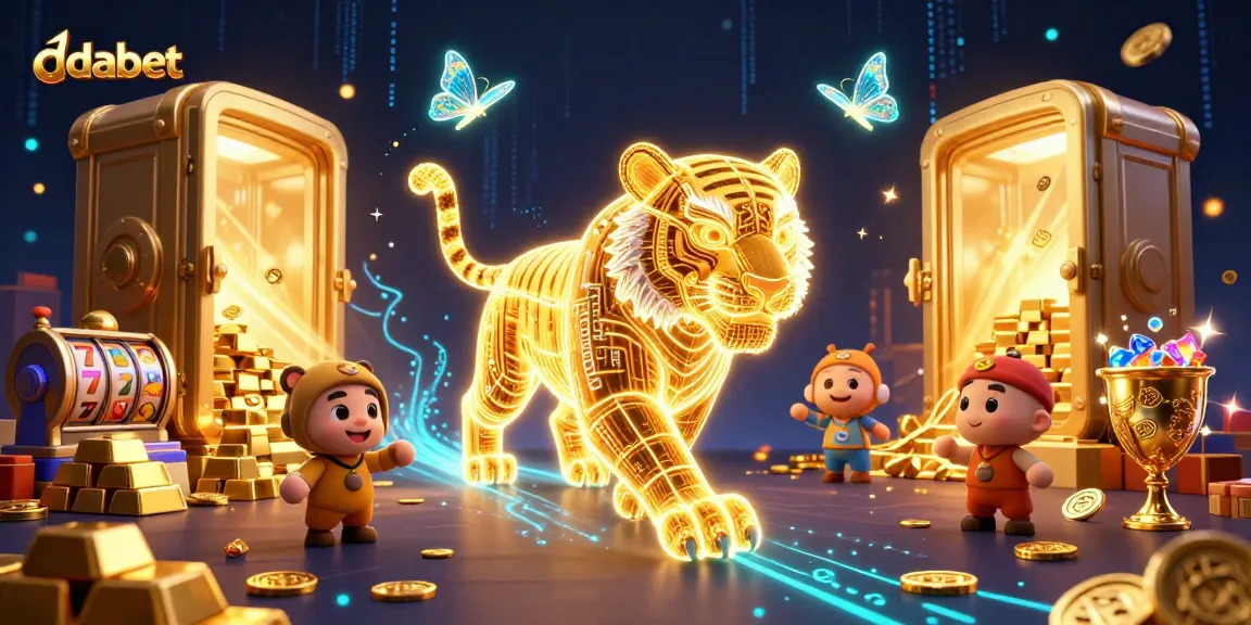 Dabet features a vibrant 3D casino scene with a golden tiger amid slot reels and treasures, showcasing exciting gameplay.