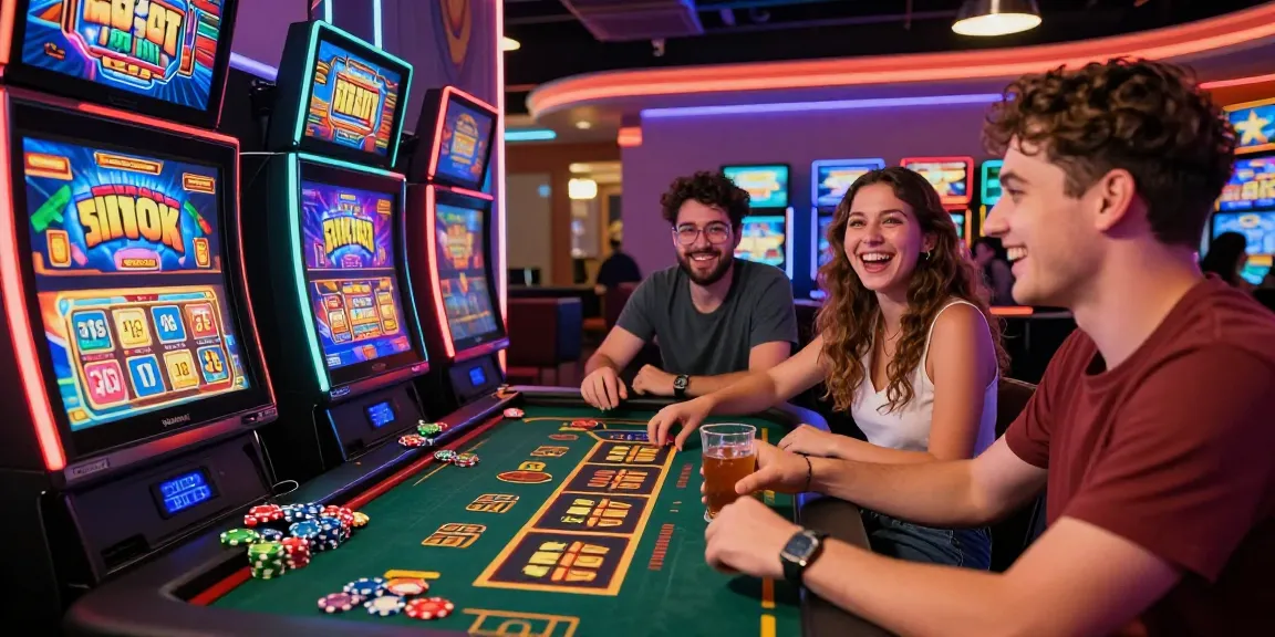 Enjoying vibrant situs slot games in a lively online casino scene with friends.