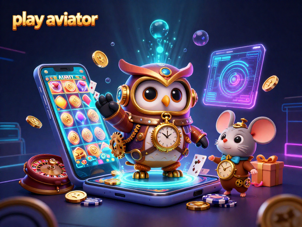 Play Aviator with a steampunk owl in a vibrant casino world full of interactive gaming features.
