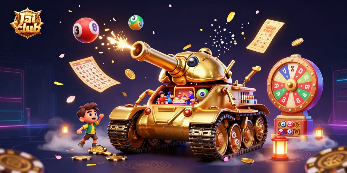 Join exciting games at Jai club, featuring dynamic colorful lottery balls and a golden casino tank illustration.