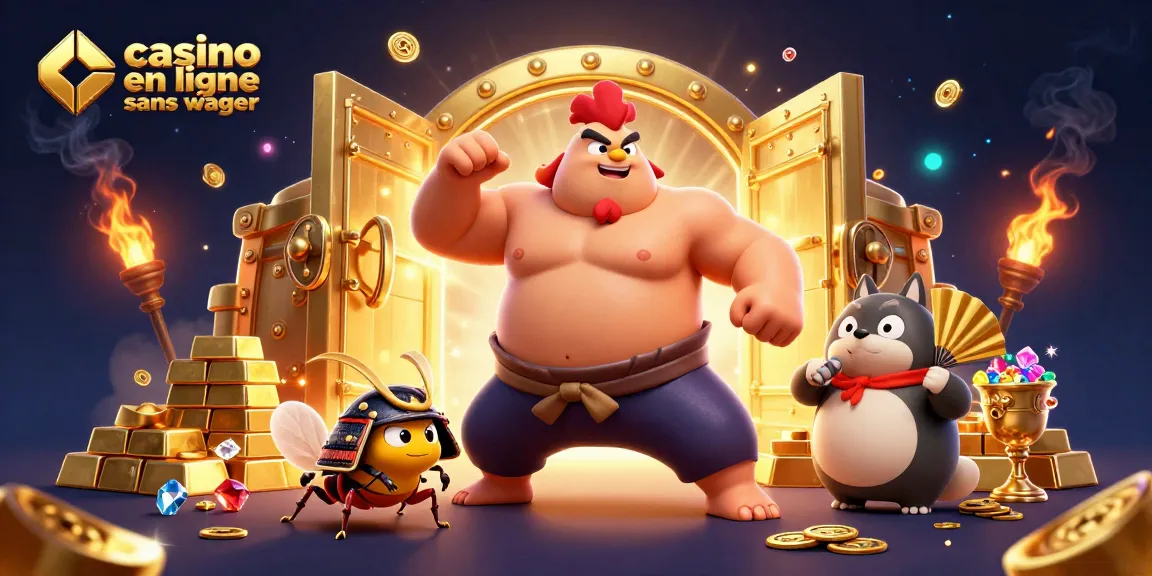 Plongez dans l'univers du casino en ligne sans wager avec un affrontement épique entre un coq sumo puissant et un cricket samouraï, entouré de trésors lumineux.