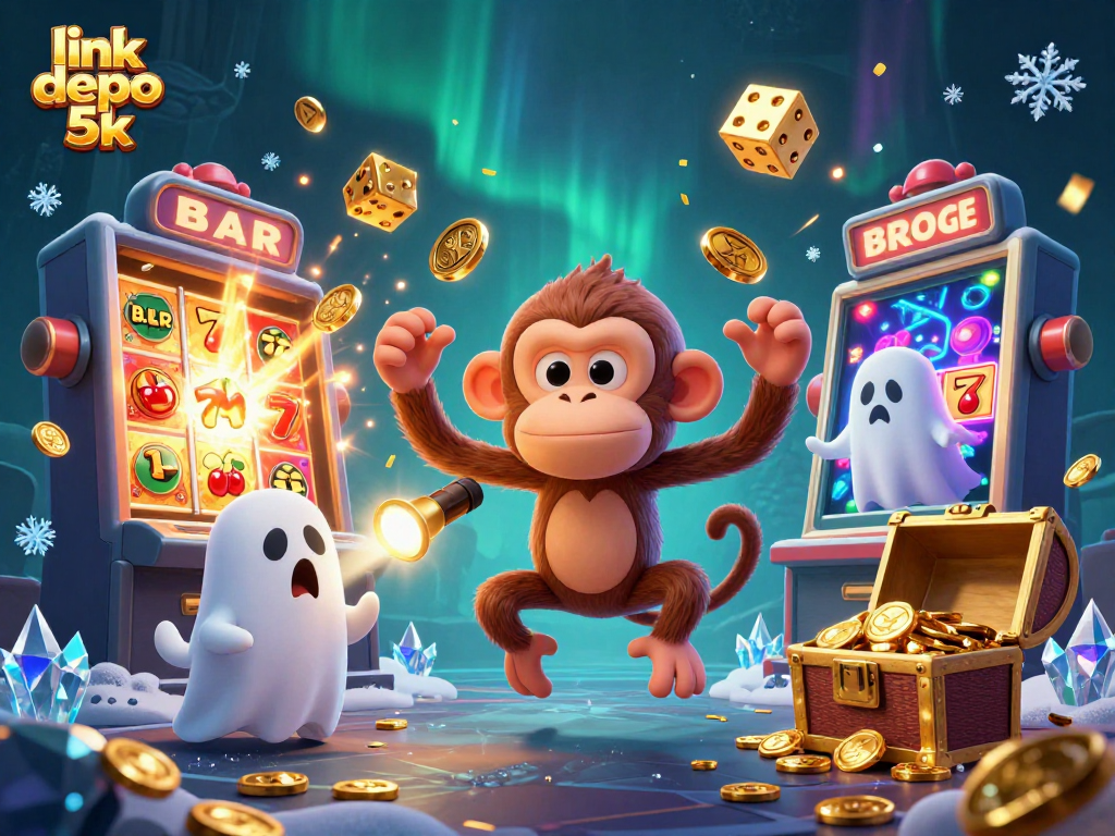 Experience excitement with link depo 5k as the monkey juggles casino treasures in a haunted scene.