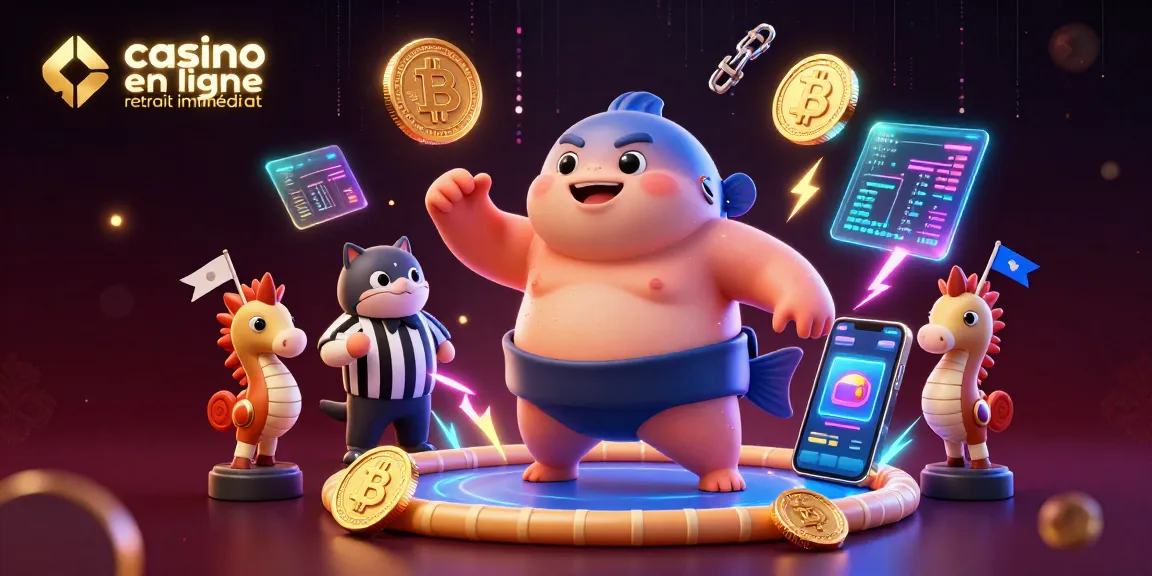 Profitez de l'excitation du casino en ligne retrait immédiat avec une illustration dynamique de fugu dans un ring sous-marin entouré de pièces de crypto-monnaie.