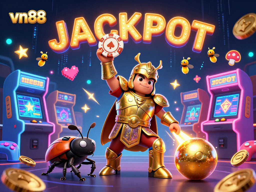 Engage with vn88 and win big! 3D beetles celebrate a jackpot amidst vibrant casino elements.